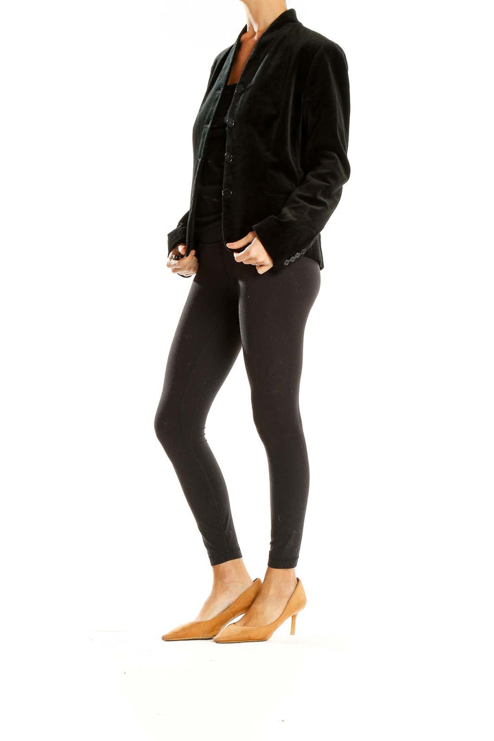 Front view of Lauren Ralph Lauren black velvet button-up jacket