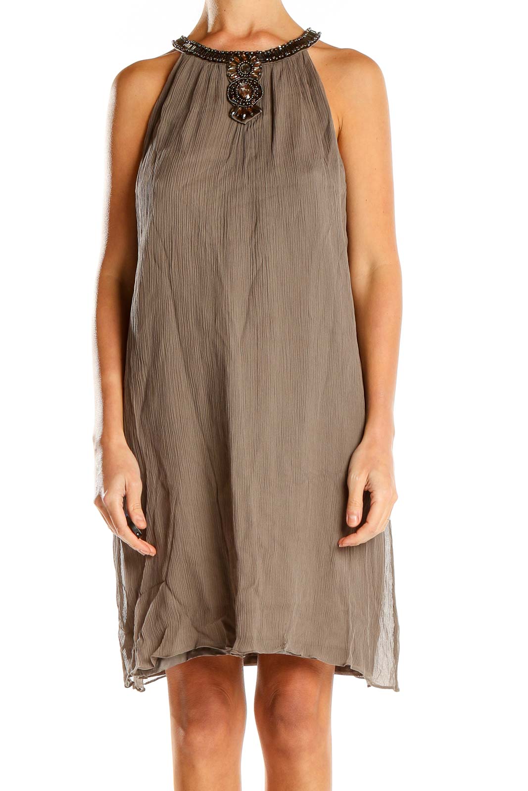 Maggy London Taupe Beaded Neckline Flowy Dress