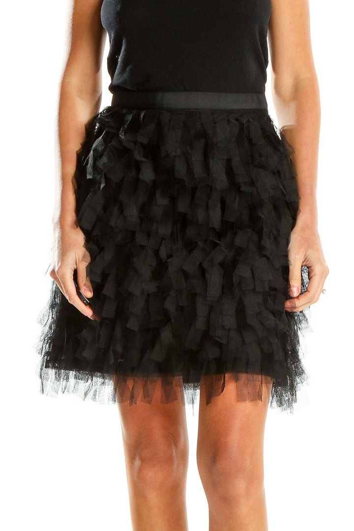 Front view of LOFT black ruffled tulle mini skirt