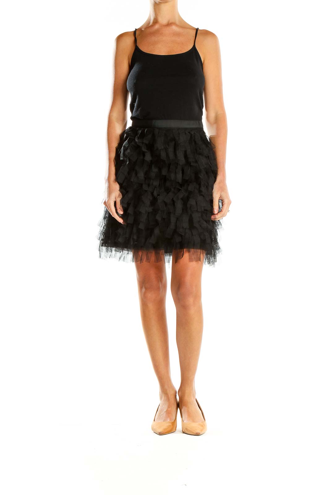 Front view of LOFT black ruffled tulle mini skirt