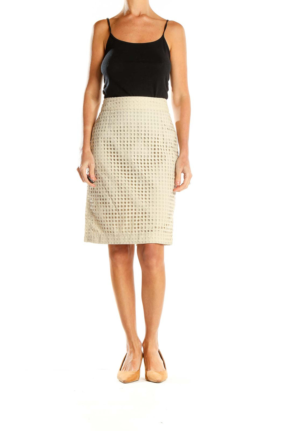 Front view of Banana Republic beige textured pencil skirt