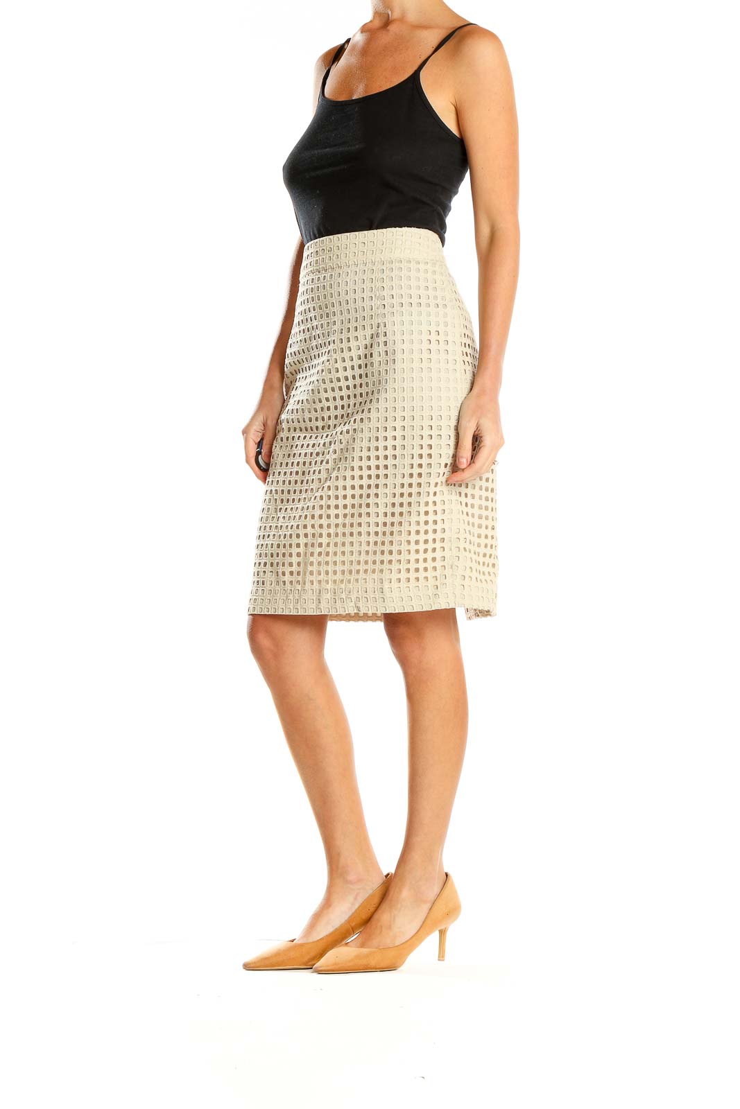 Front view of Banana Republic beige textured pencil skirt