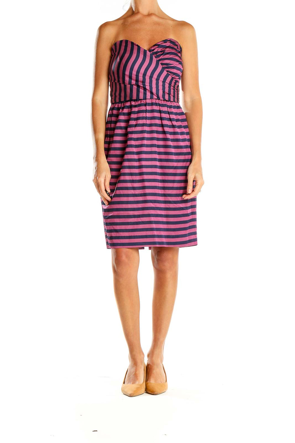 Front view of pink and navy striped strapless dress by Corey Lynn Calter