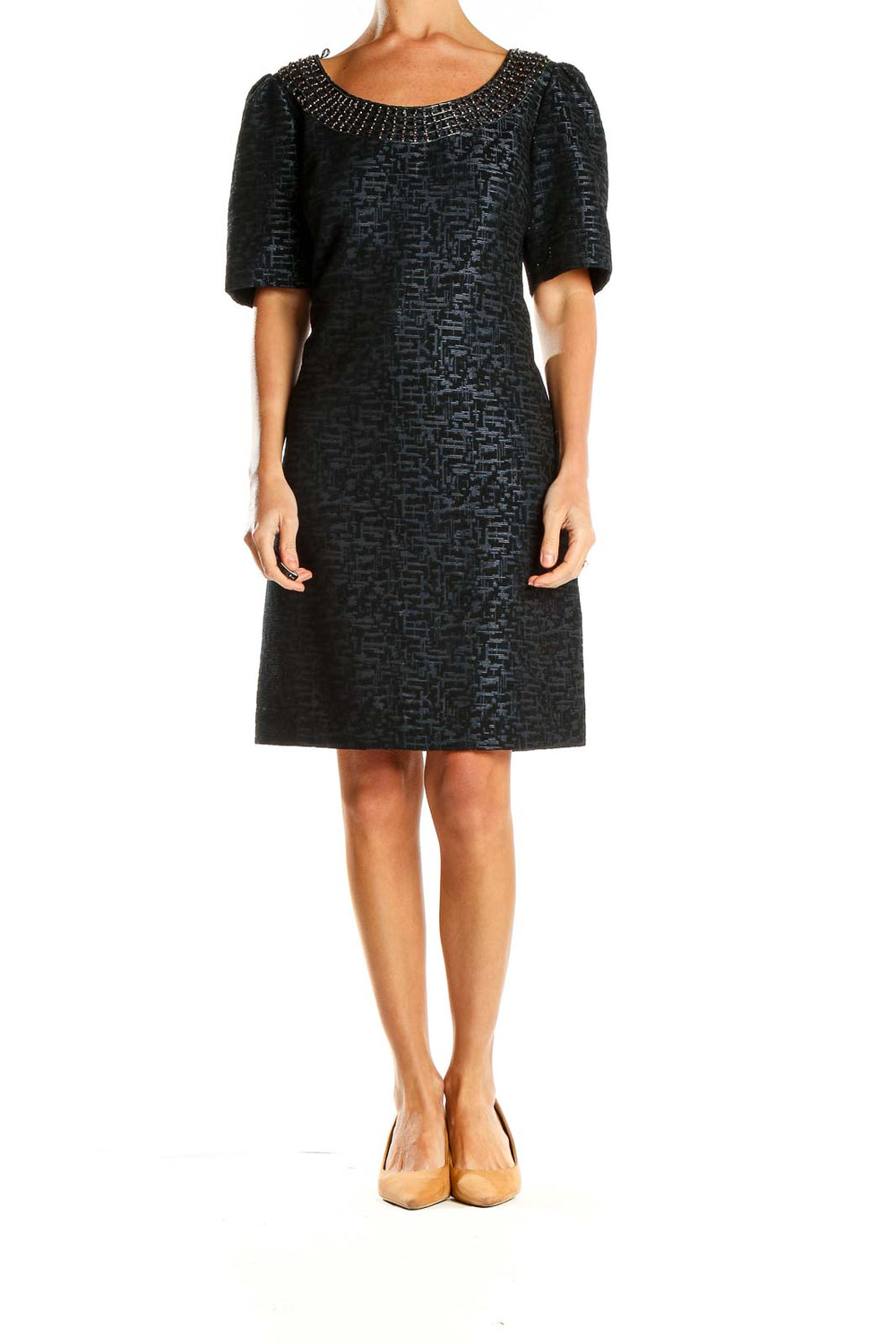 Front view of Adrianna Papell black textured cocktail dress with beaded neckline