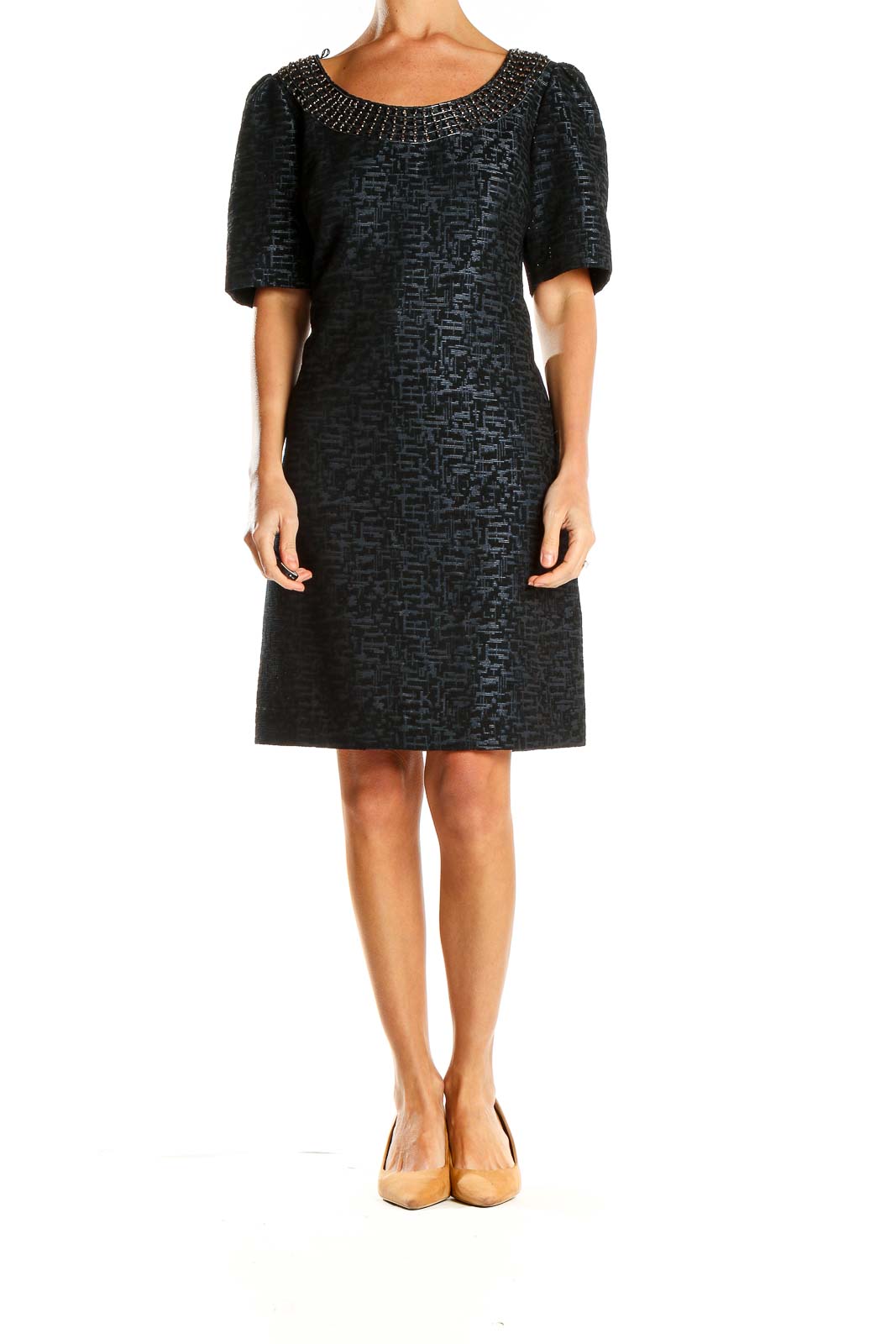 Front view of Adrianna Papell black textured cocktail dress with beaded neckline