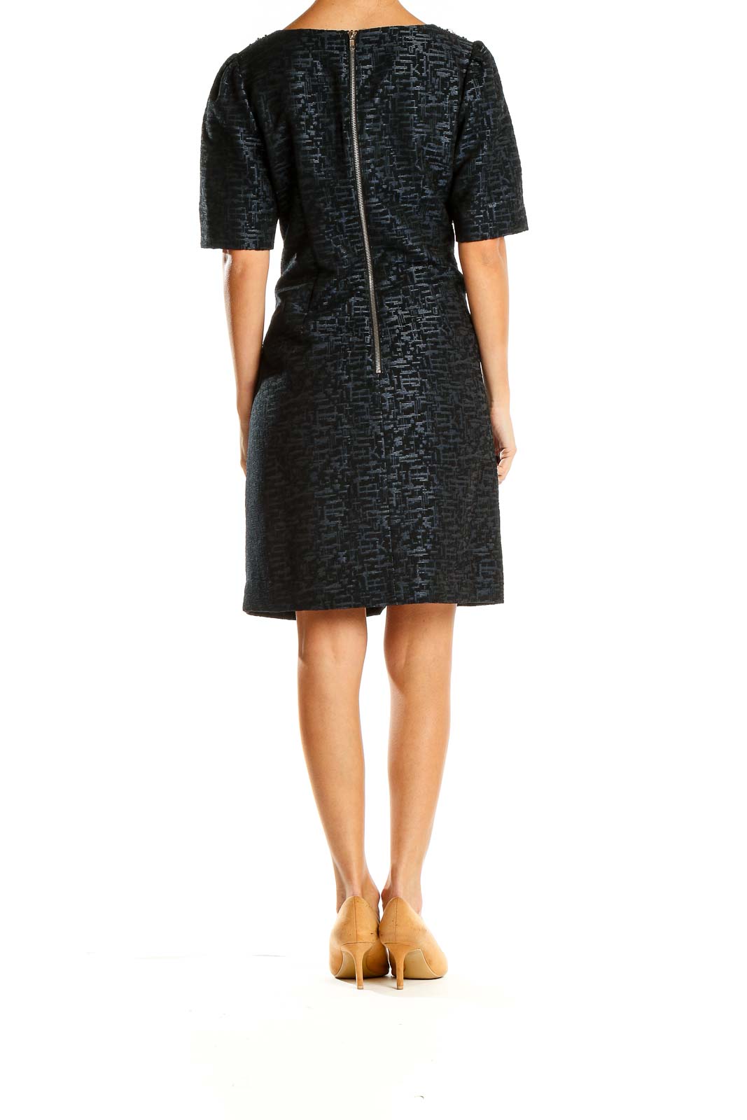 Side view of Adrianna Papell black textured cocktail dress showing puff sleeves