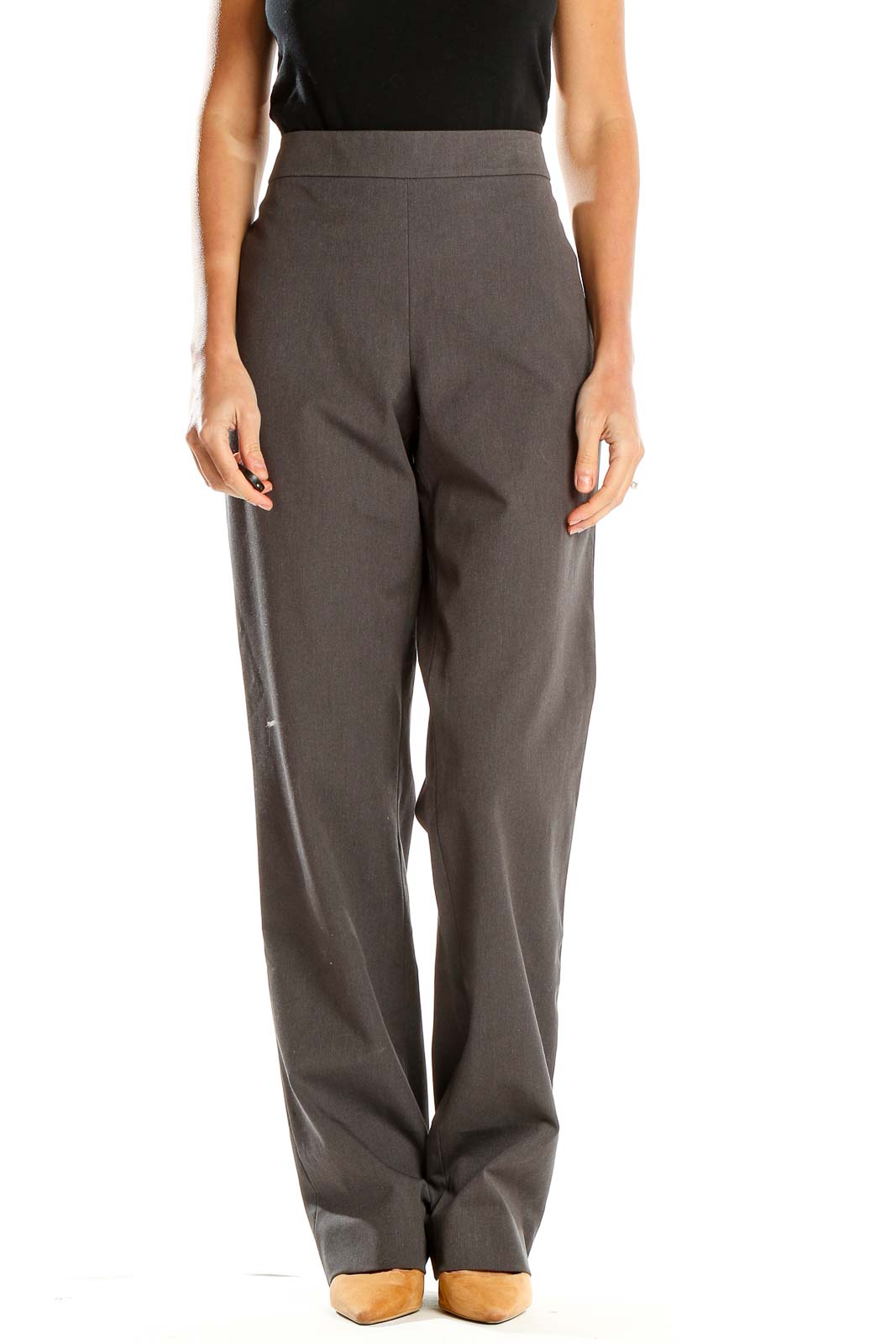 Front view of DKNY gray wide-leg trousers on model