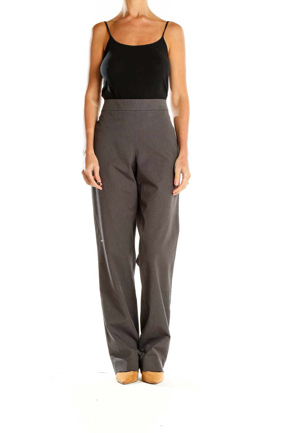 Front view of DKNY gray wide-leg trousers on model