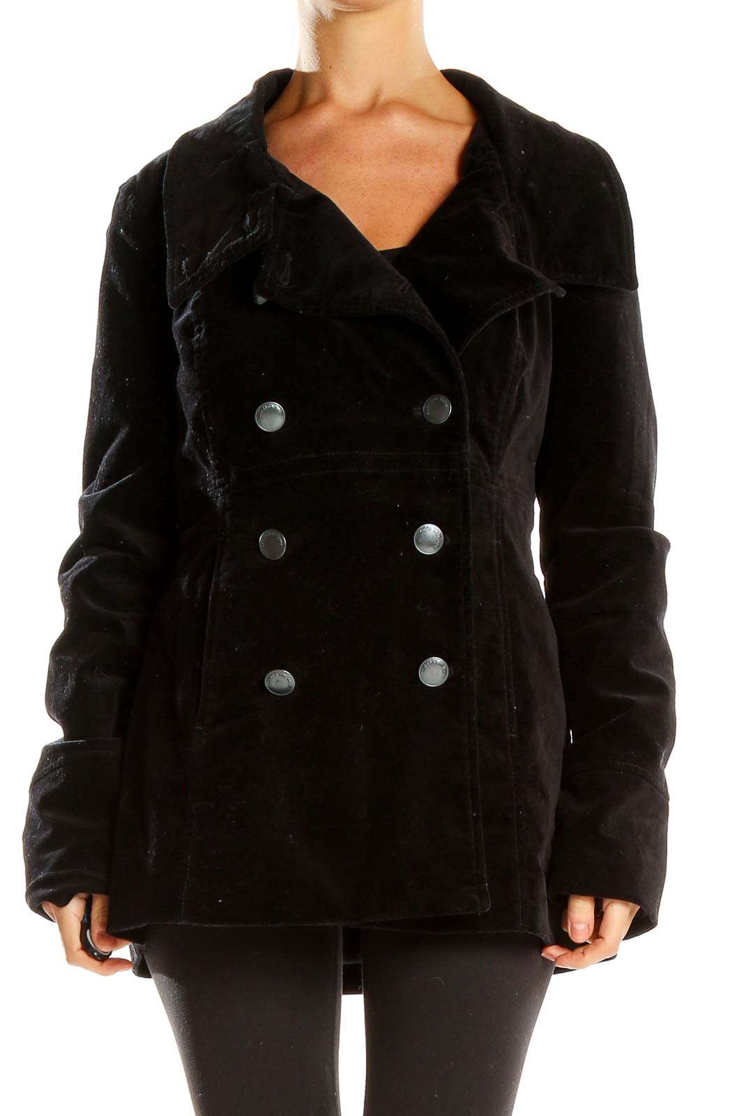 Front view of Calvin Klein Jeans black velvet double-breasted peacoat