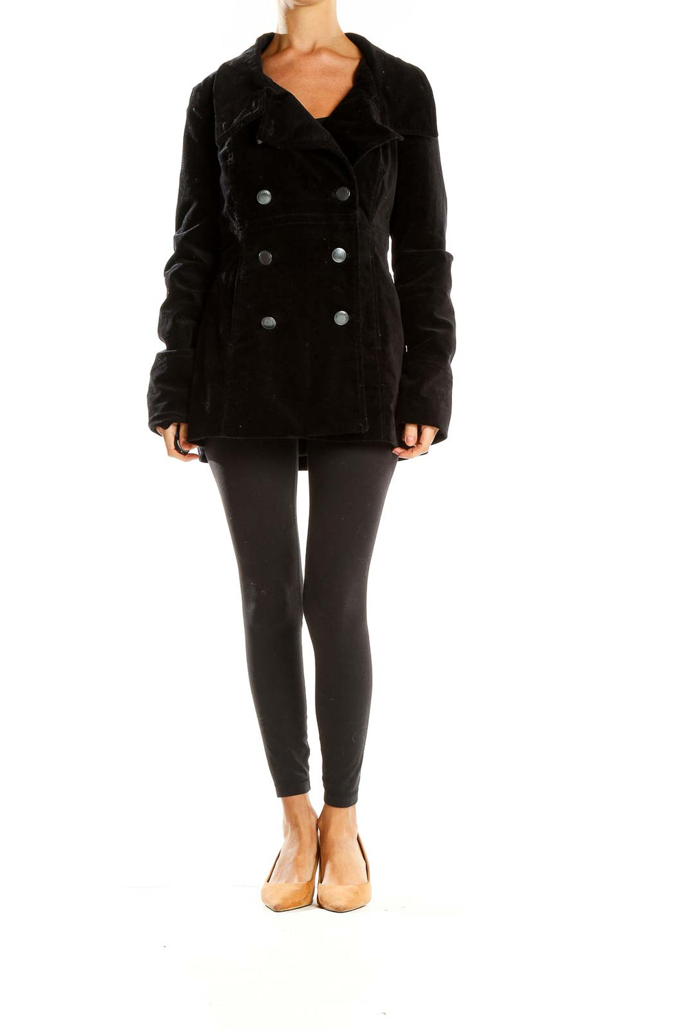 Front view of Calvin Klein Jeans black velvet double-breasted peacoat
