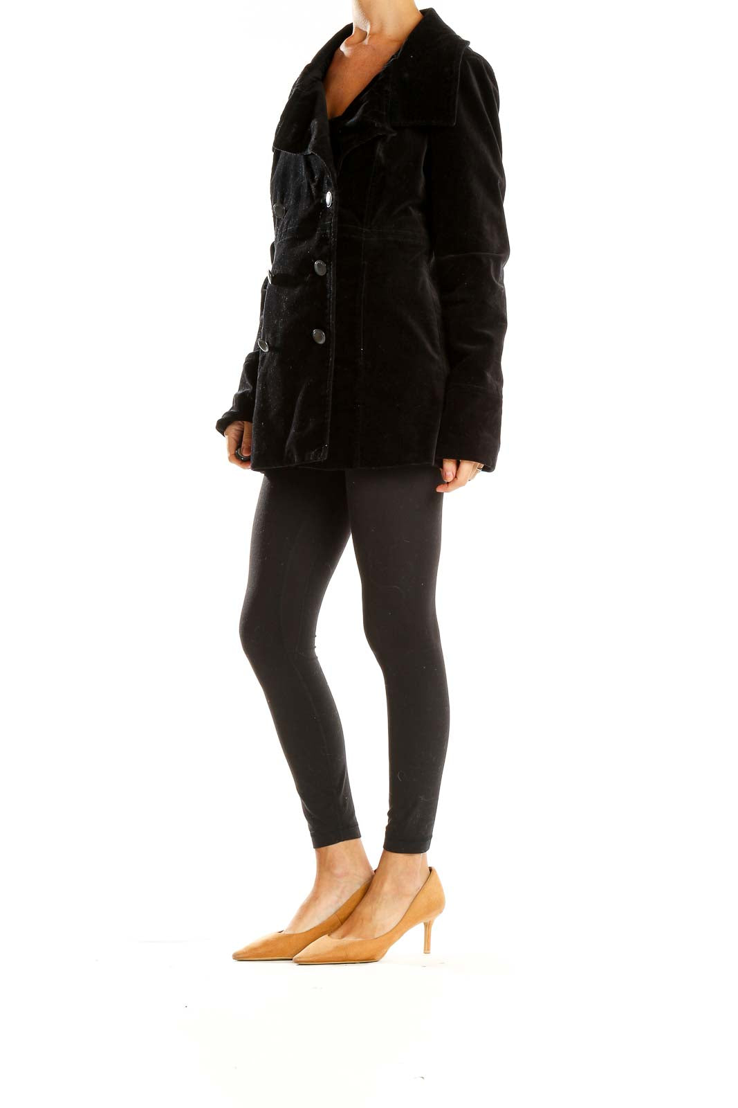 Front view of Calvin Klein Jeans black velvet double-breasted peacoat