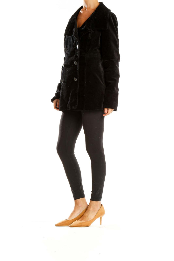 Front view of Calvin Klein Jeans black velvet double-breasted peacoat