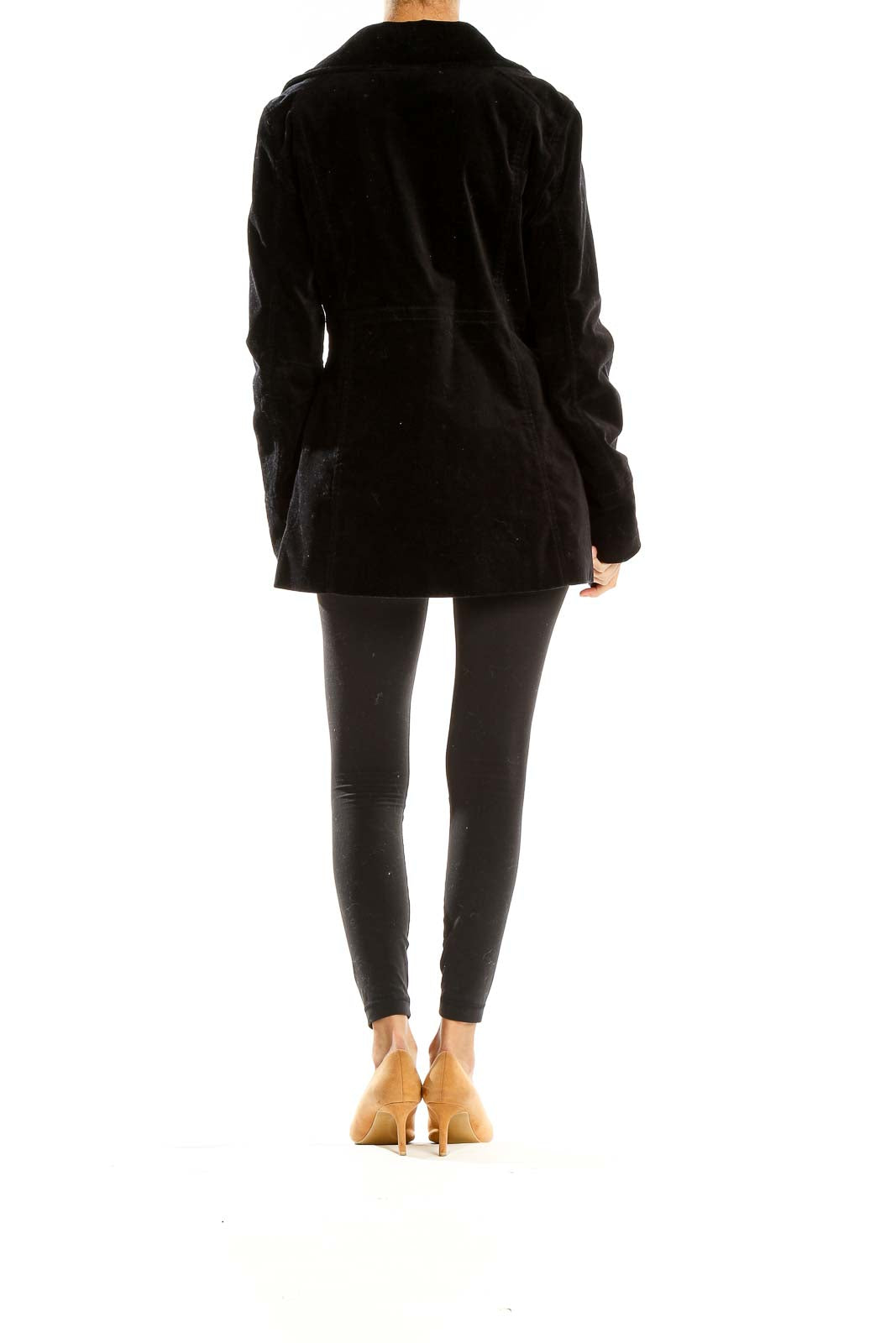 Side view of Calvin Klein Jeans black velvet double-breasted peacoat on model
