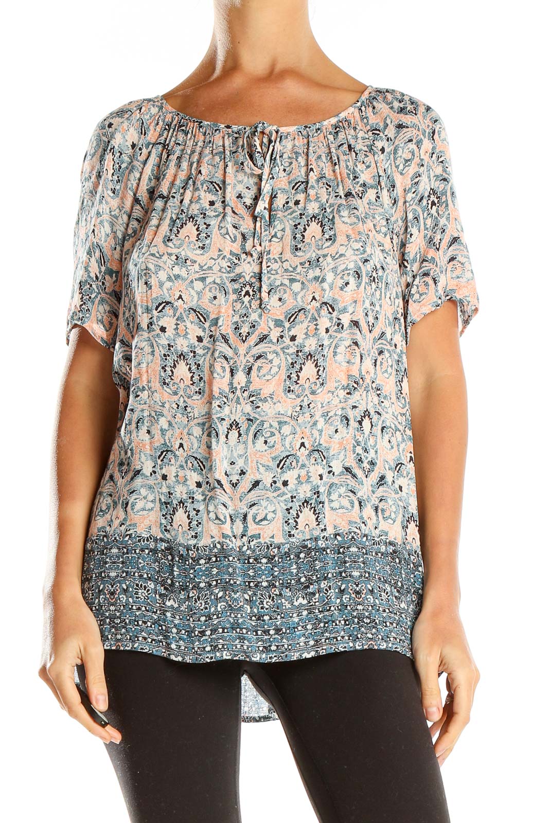 Front view of Lucky Brand blue floral paisley peasant blouse with gathered neckline