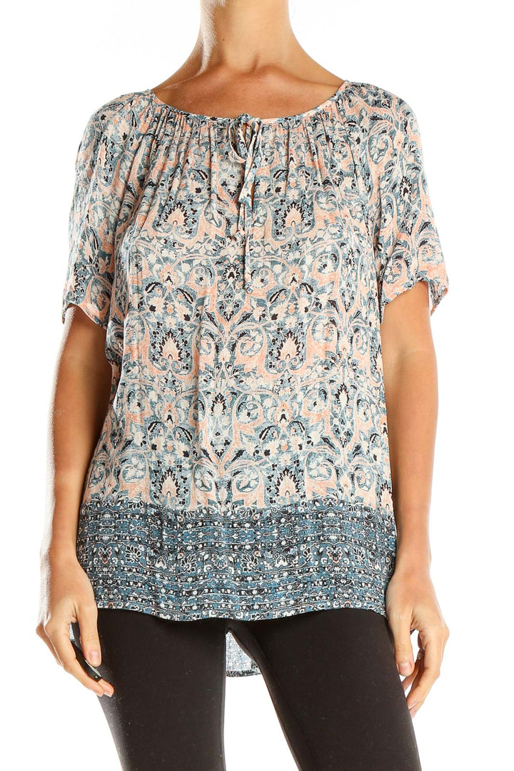 Front view of Lucky Brand blue floral paisley peasant blouse with gathered neckline
