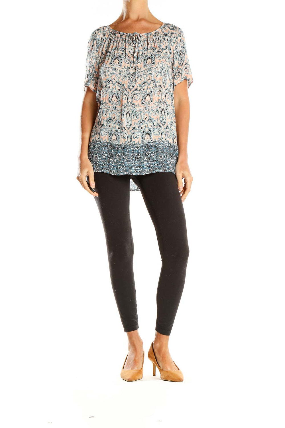 Front view of Lucky Brand blue floral paisley peasant blouse with gathered neckline