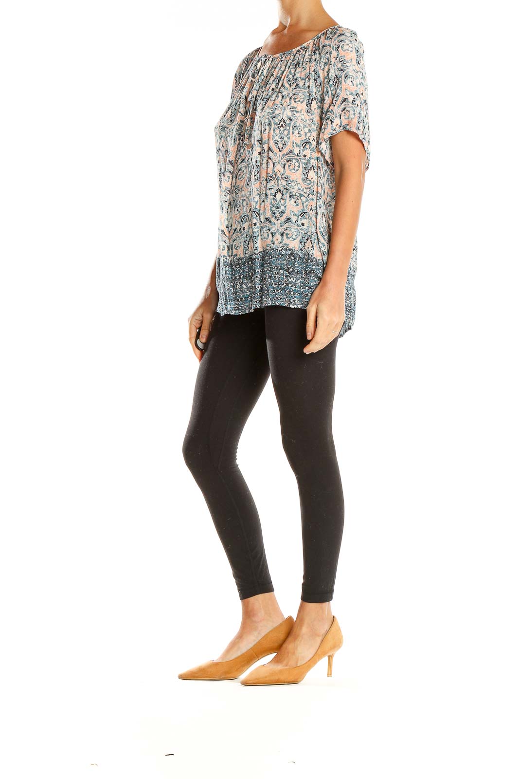 Front view of Lucky Brand blue floral paisley peasant blouse with gathered neckline