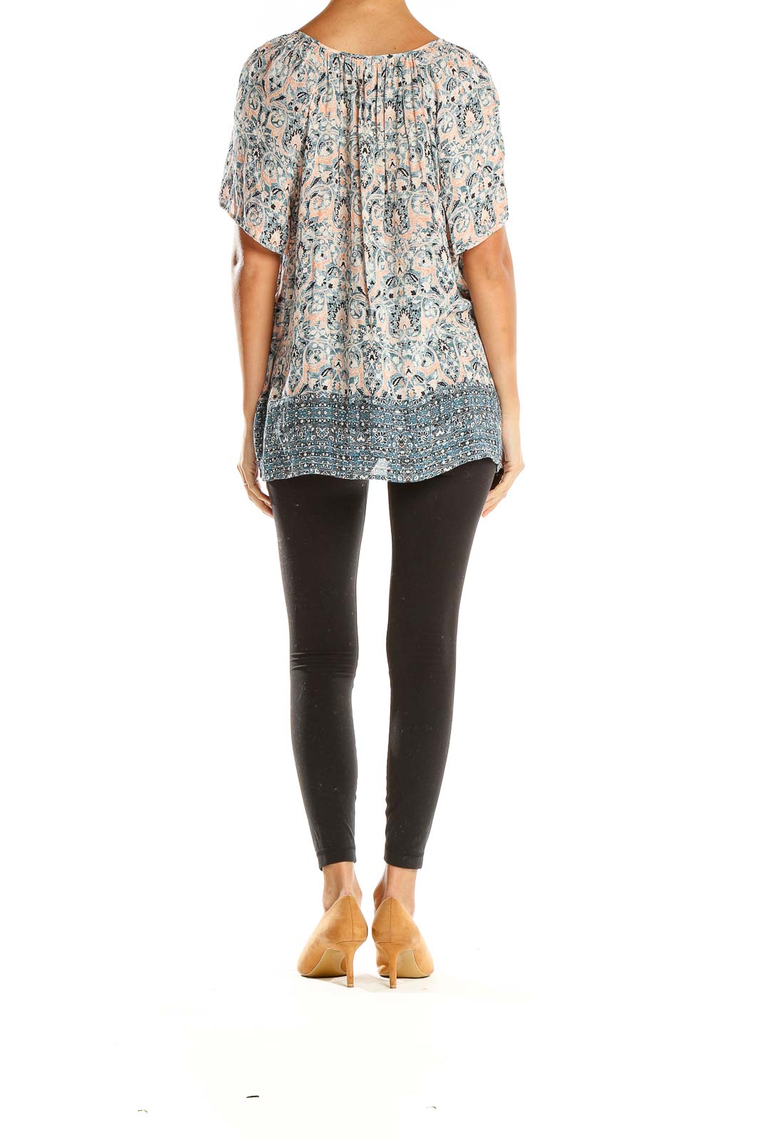 Side view of Lucky Brand blue floral paisley peasant blouse showing relaxed fit