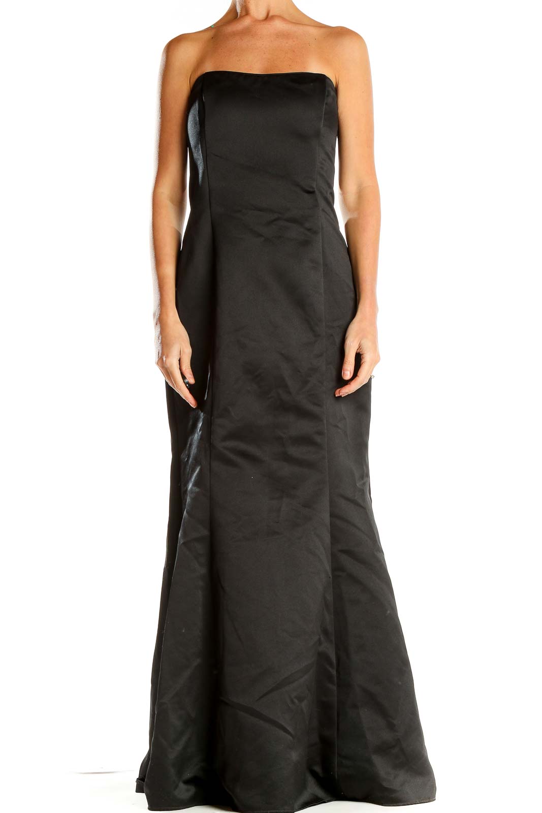 Front view of black strapless mermaid evening gown by Jessica McClintock