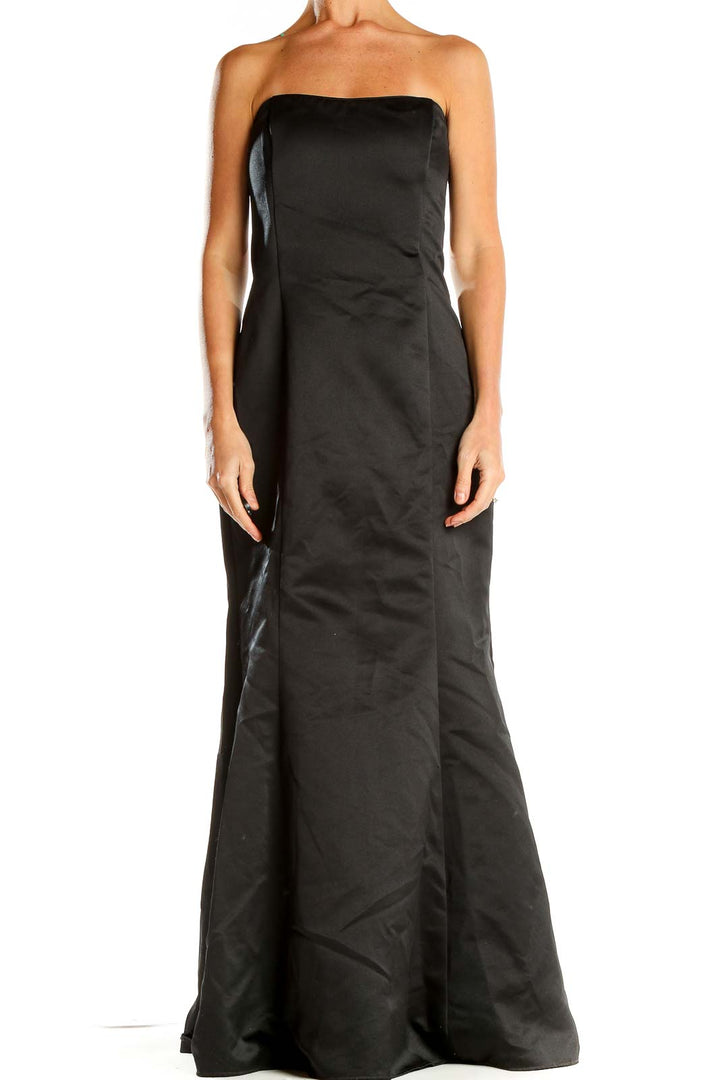Front view of black strapless mermaid evening gown by Jessica McClintock