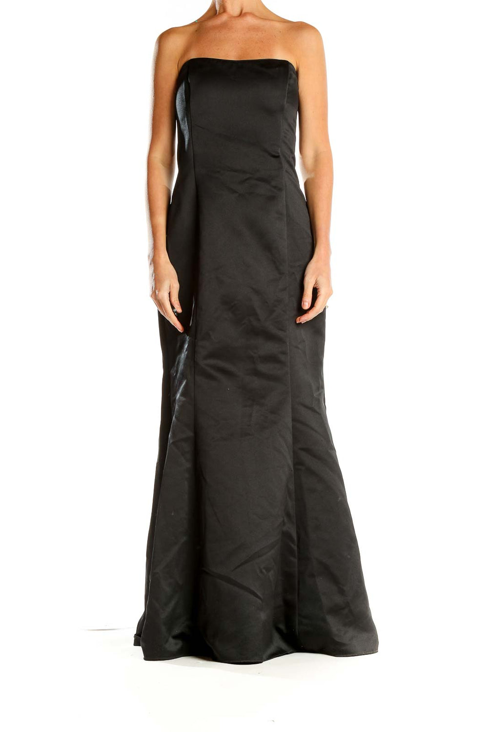 Front view of black strapless mermaid evening gown by Jessica McClintock