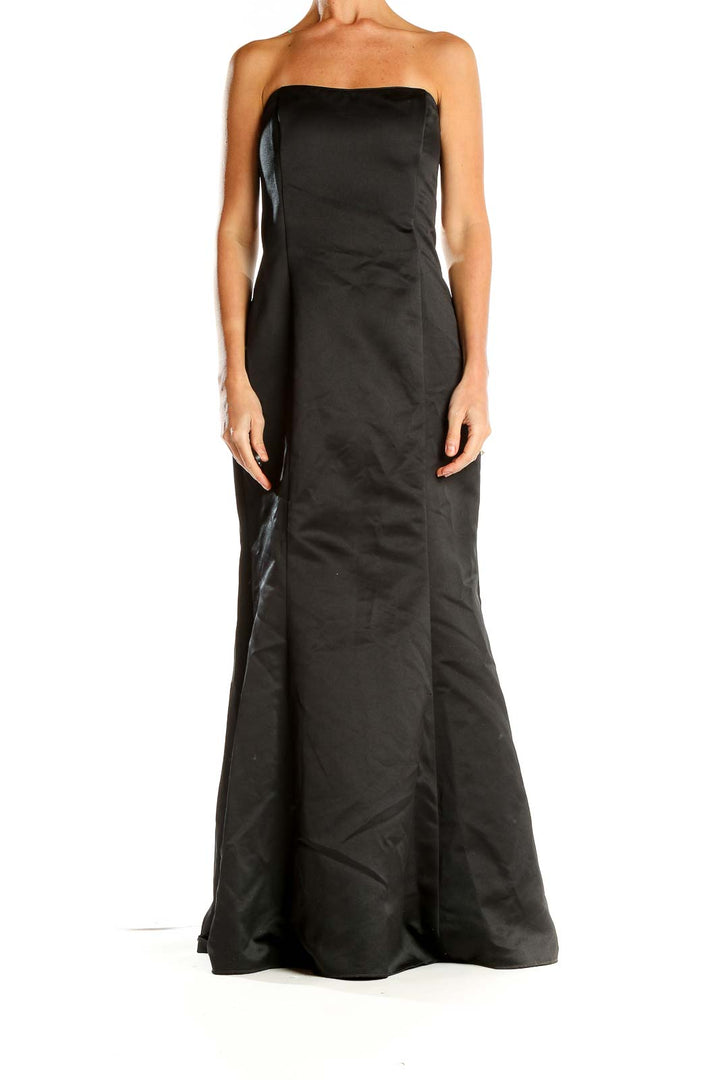 Front view of black strapless mermaid evening gown by Jessica McClintock