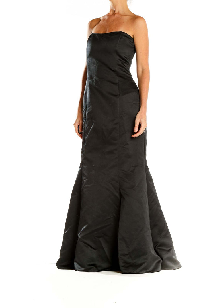 Front view of black strapless mermaid evening gown by Jessica McClintock