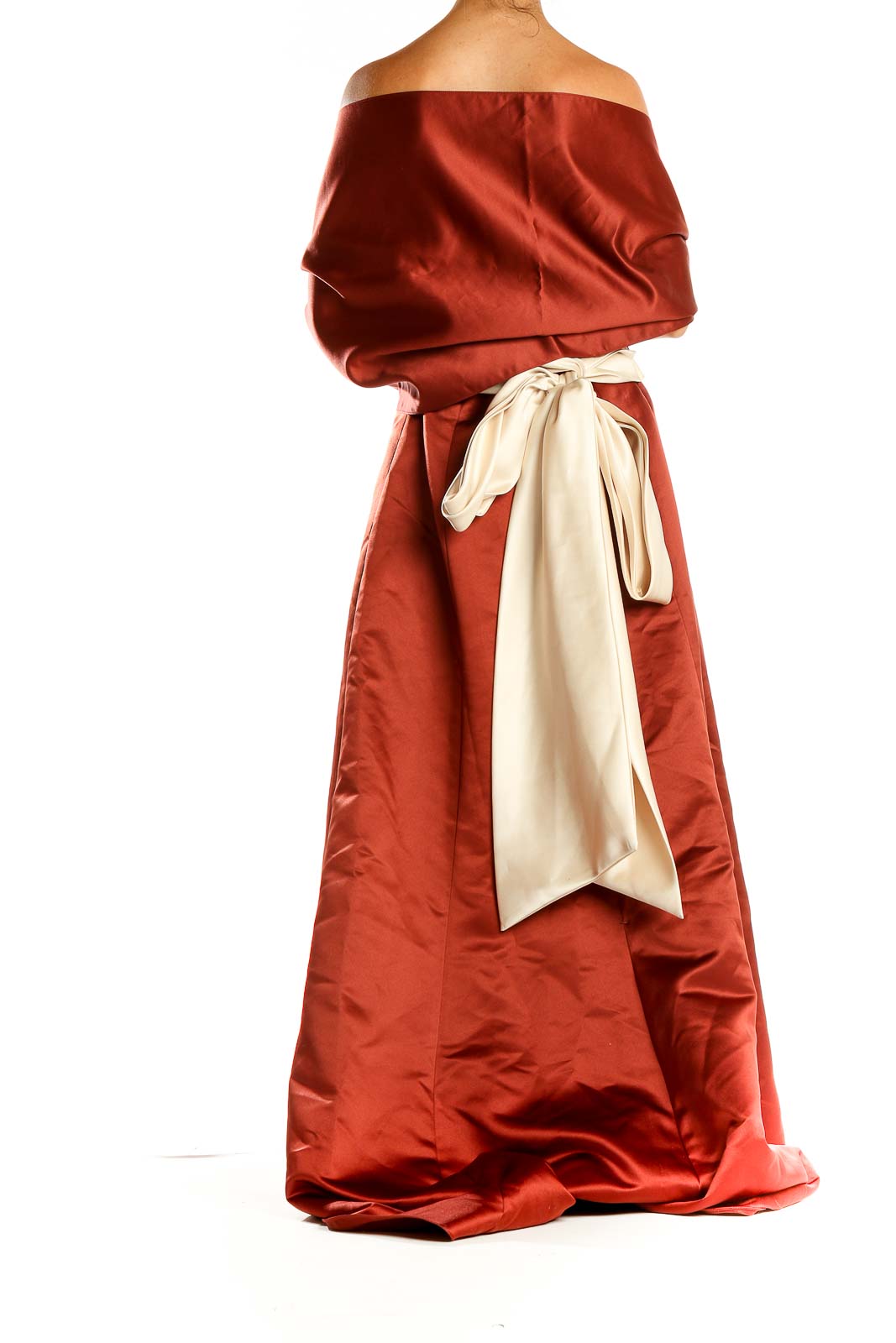 Back view of rust-colored Bill Levkoff strapless satin evening gown with matching bolero jacket