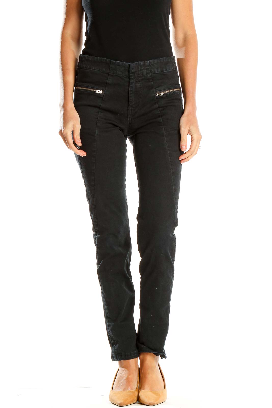 Front view of Rag & Bone black slim-fit pants with zipper details