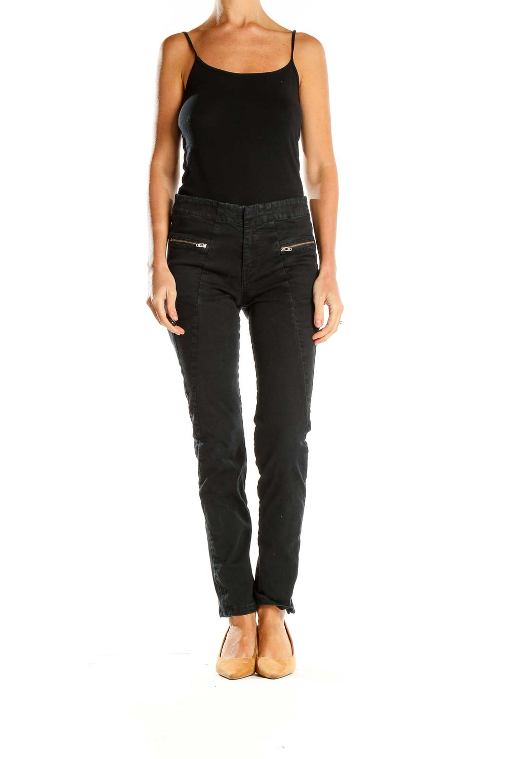 Front view of Rag & Bone black slim-fit pants with zipper details