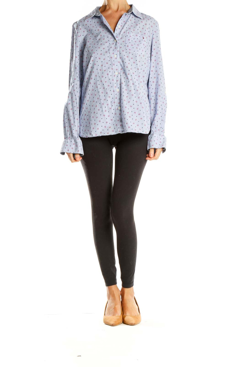 Front view of Tommy Hilfiger light blue floral print button-up shirt