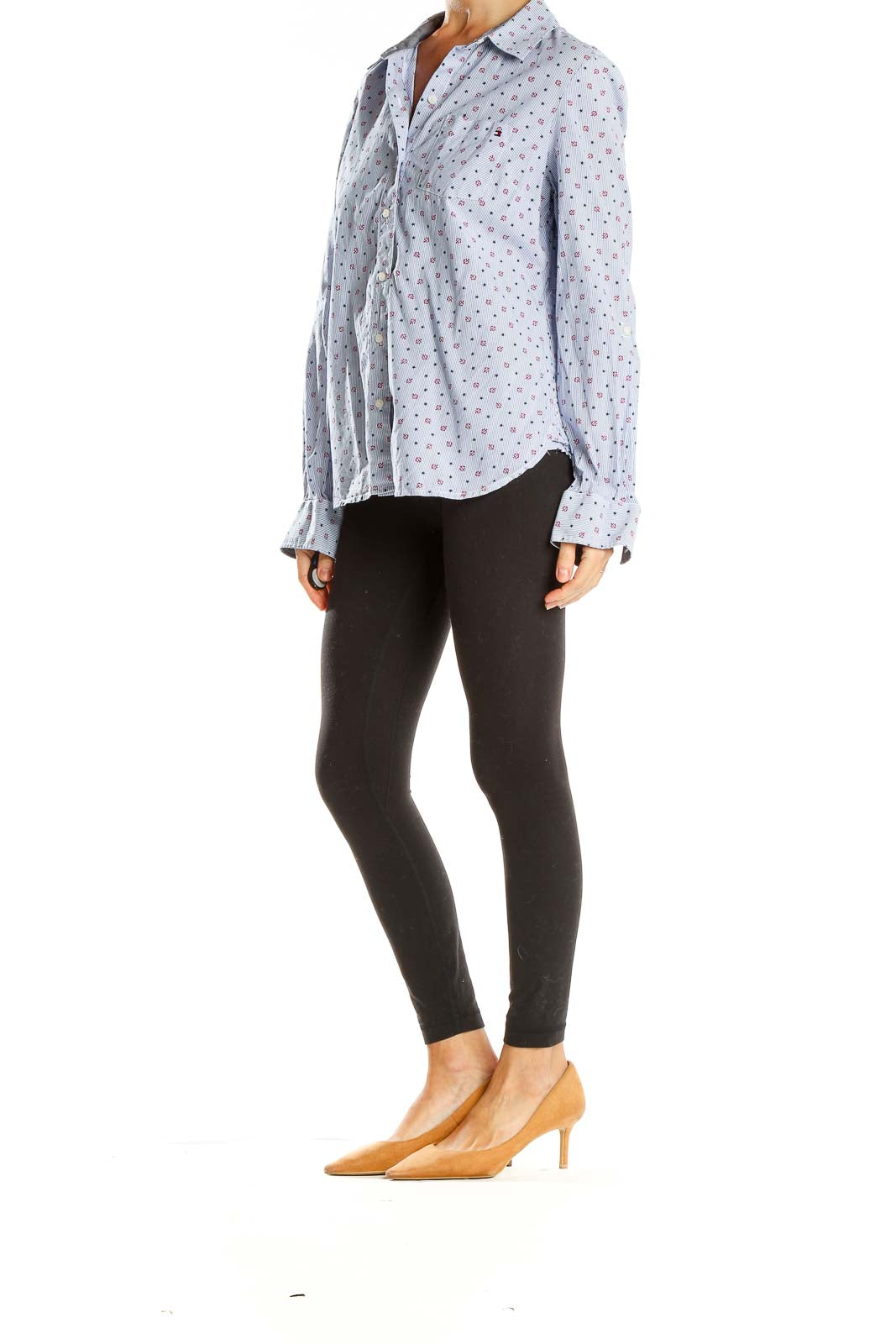 Front view of Tommy Hilfiger light blue floral print button-up shirt