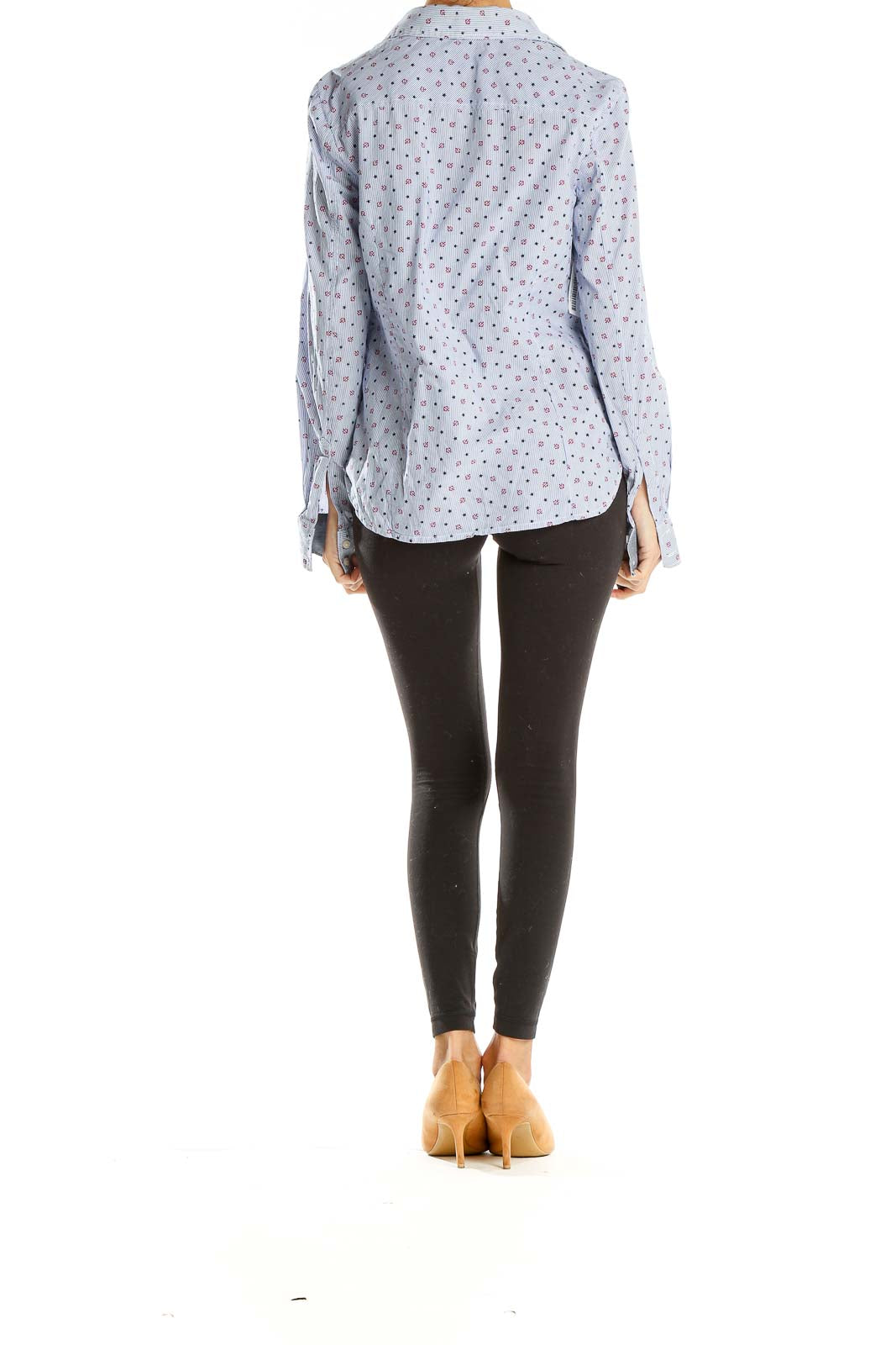 Back view of Tommy Hilfiger light blue floral print button-up shirt on model