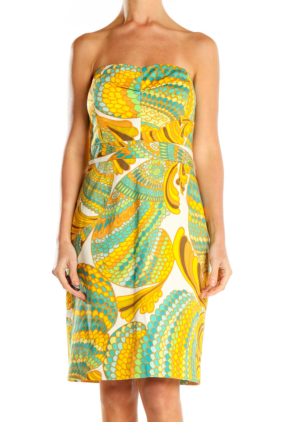 Front view of yellow and teal floral strapless dress by Banana Republic Trina Turk