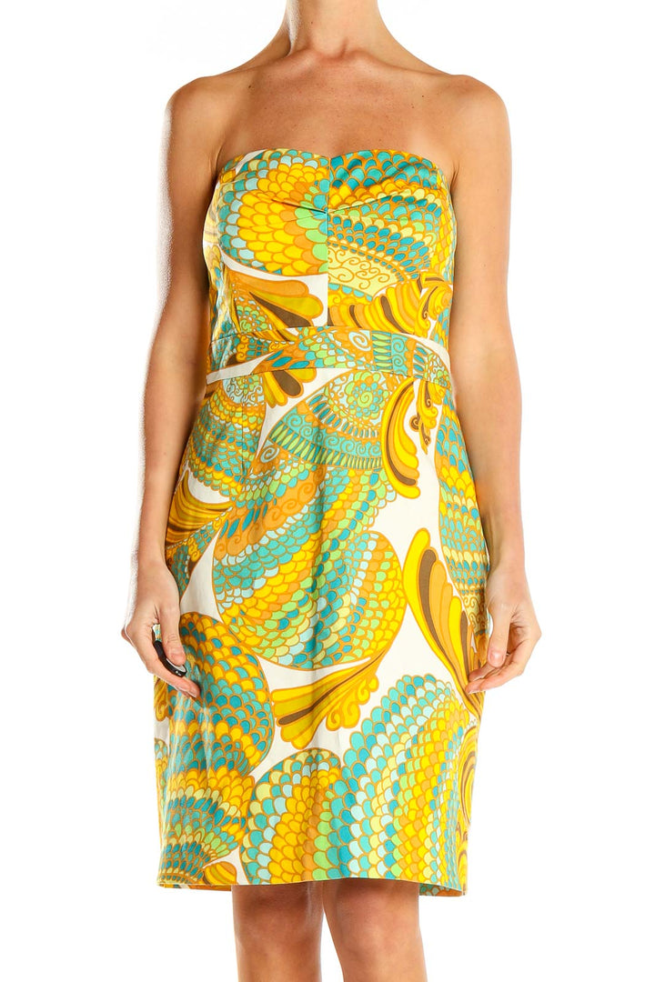 Front view of yellow and teal floral strapless dress by Banana Republic Trina Turk