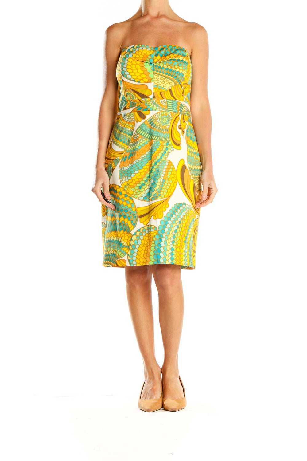 Front view of yellow and teal floral strapless dress by Banana Republic Trina Turk