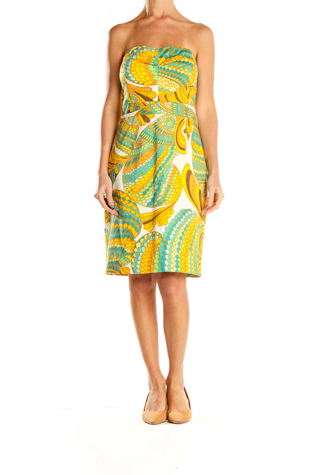 Front view of yellow and teal floral strapless dress by Banana Republic Trina Turk