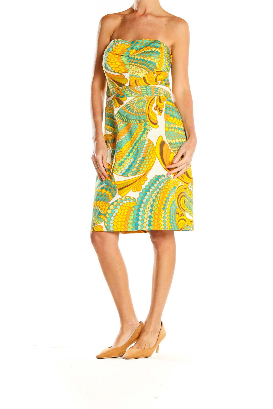 Front view of yellow and teal floral strapless dress by Banana Republic Trina Turk