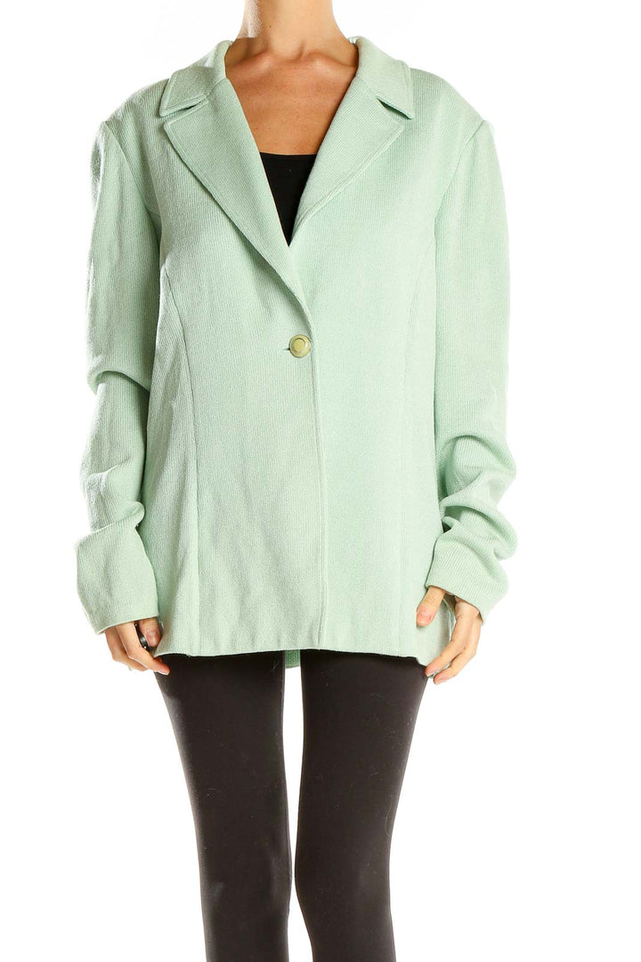 Front view of mint green St. John oversized blazer jacket