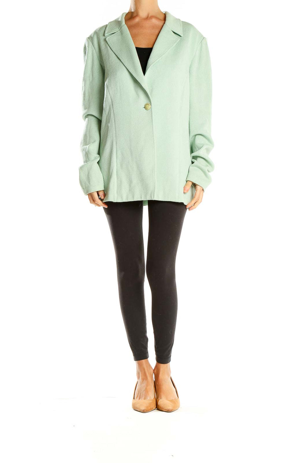 Front view of mint green St. John oversized blazer jacket