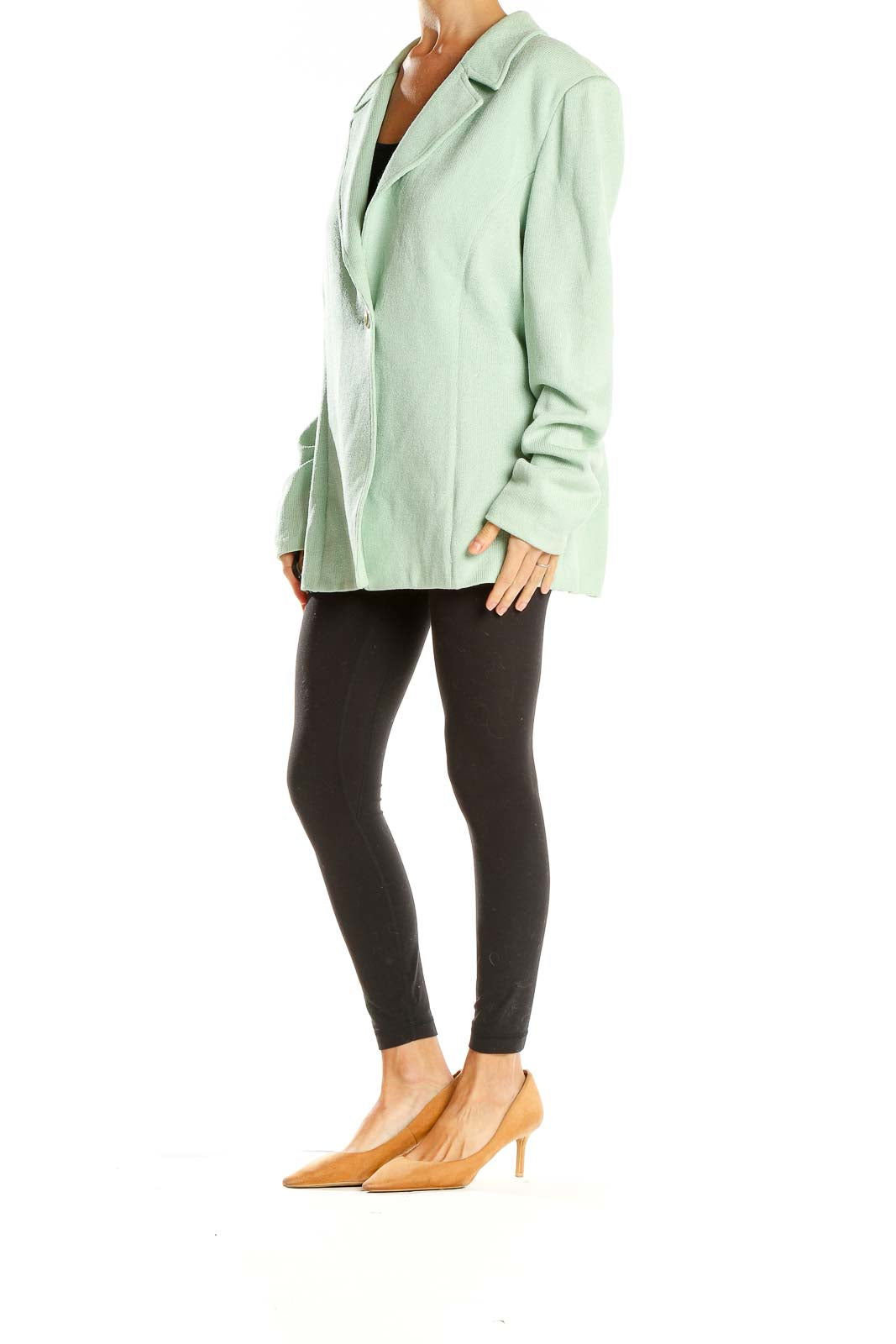 Front view of mint green St. John oversized blazer jacket