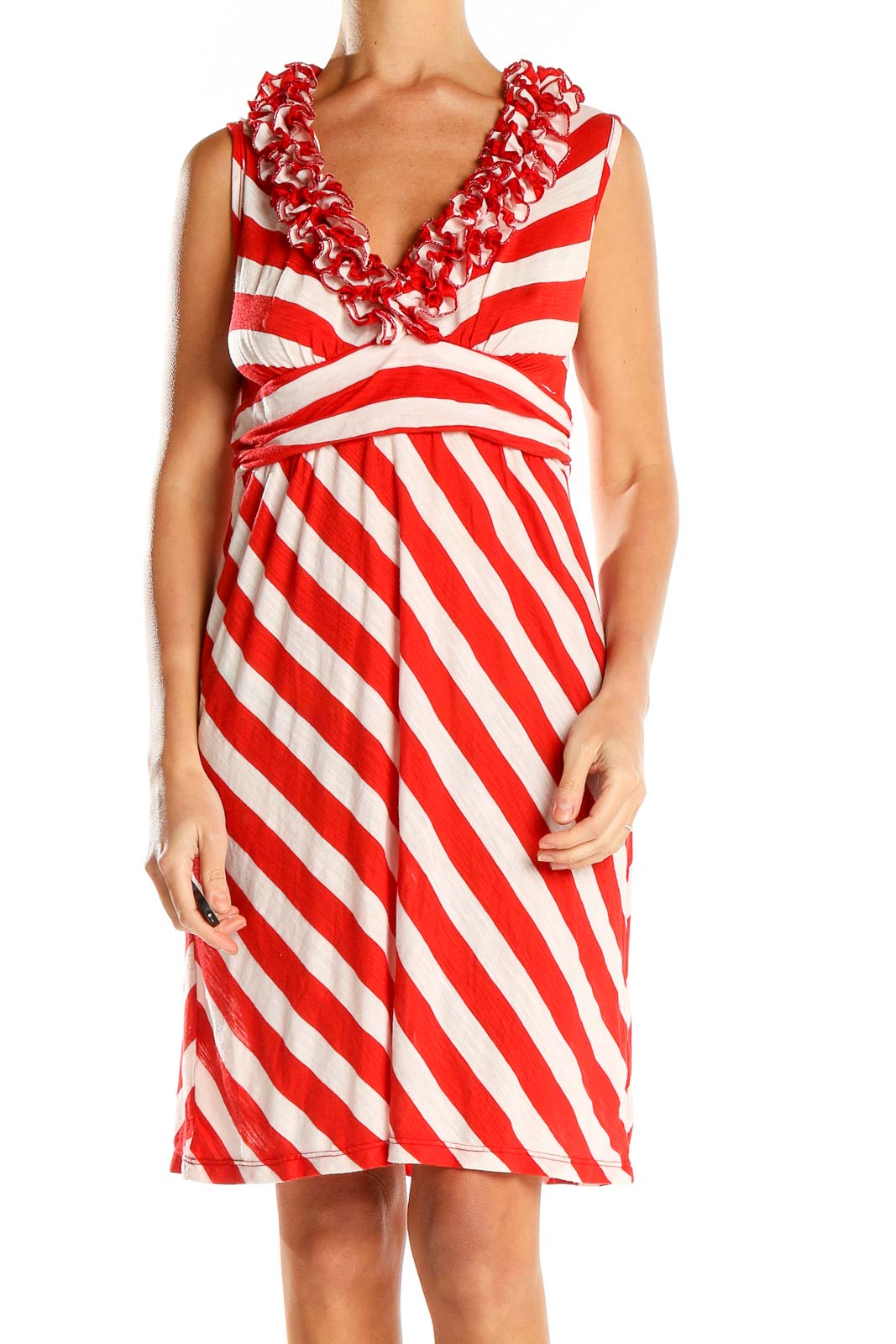 Ella Moss Red and White Striped Ruffled V-Neck Dress