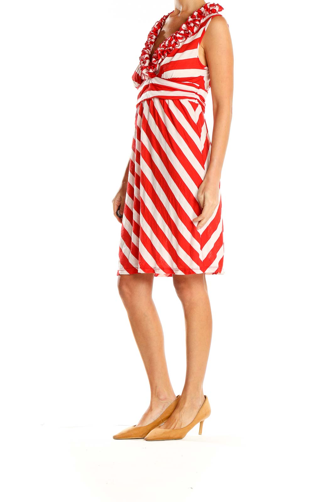 Front view of Ella Moss red and white striped dress with ruffled V-neckline