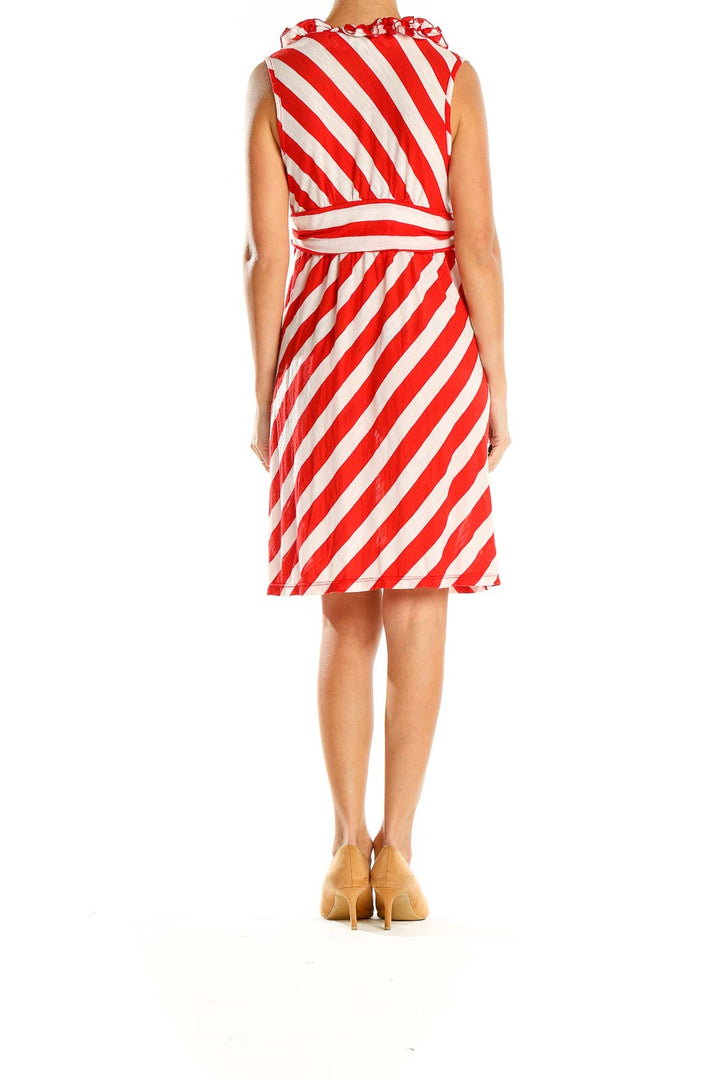 Side view of Ella Moss red and white striped dress showing diagonal stripe pattern