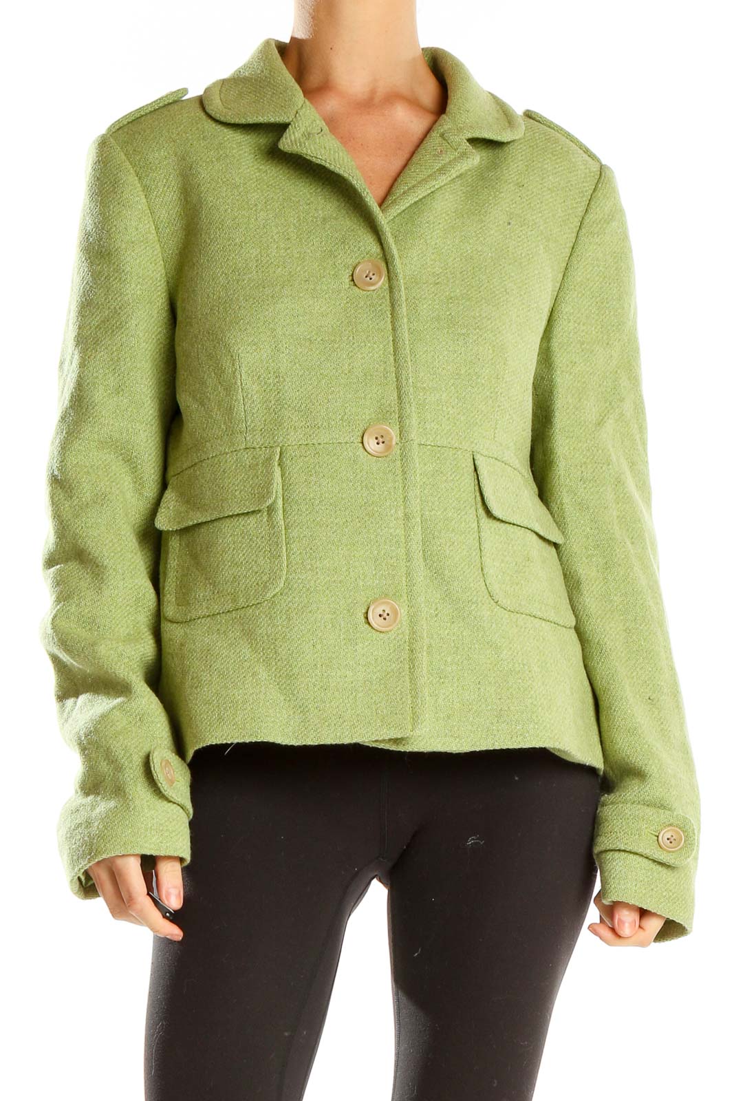 Front view of Banana Republic green wool-blend cropped jacket with three-button closure