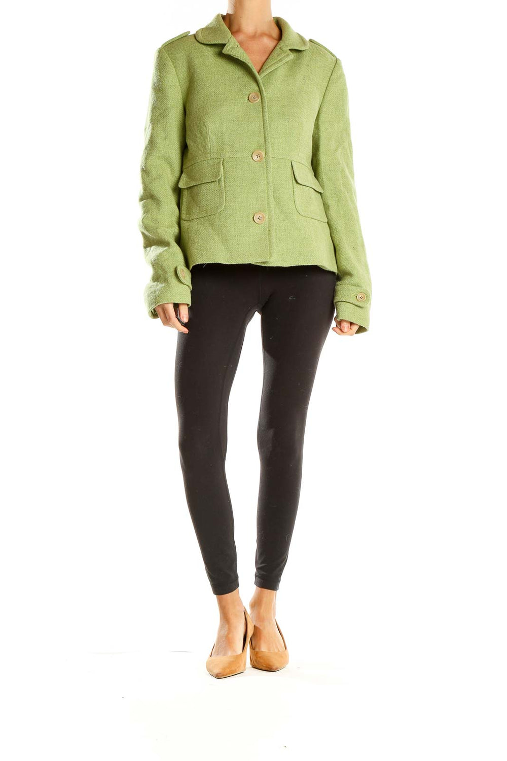 Front view of Banana Republic green wool-blend cropped jacket with three-button closure