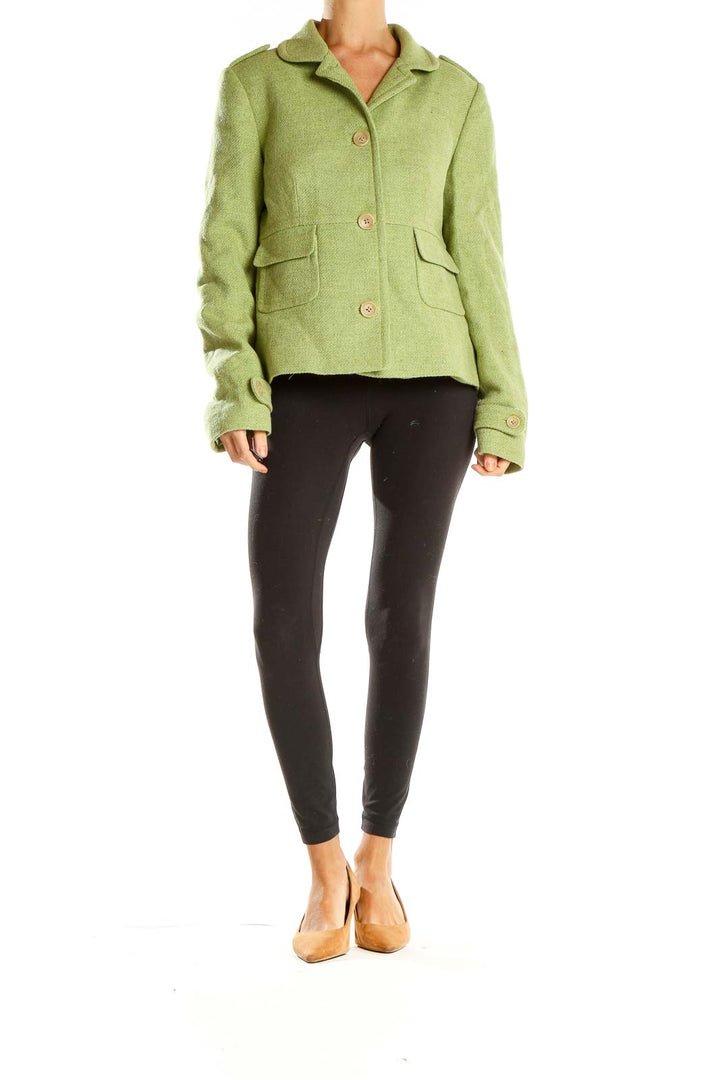 Front view of Banana Republic green wool-blend cropped jacket with three-button closure