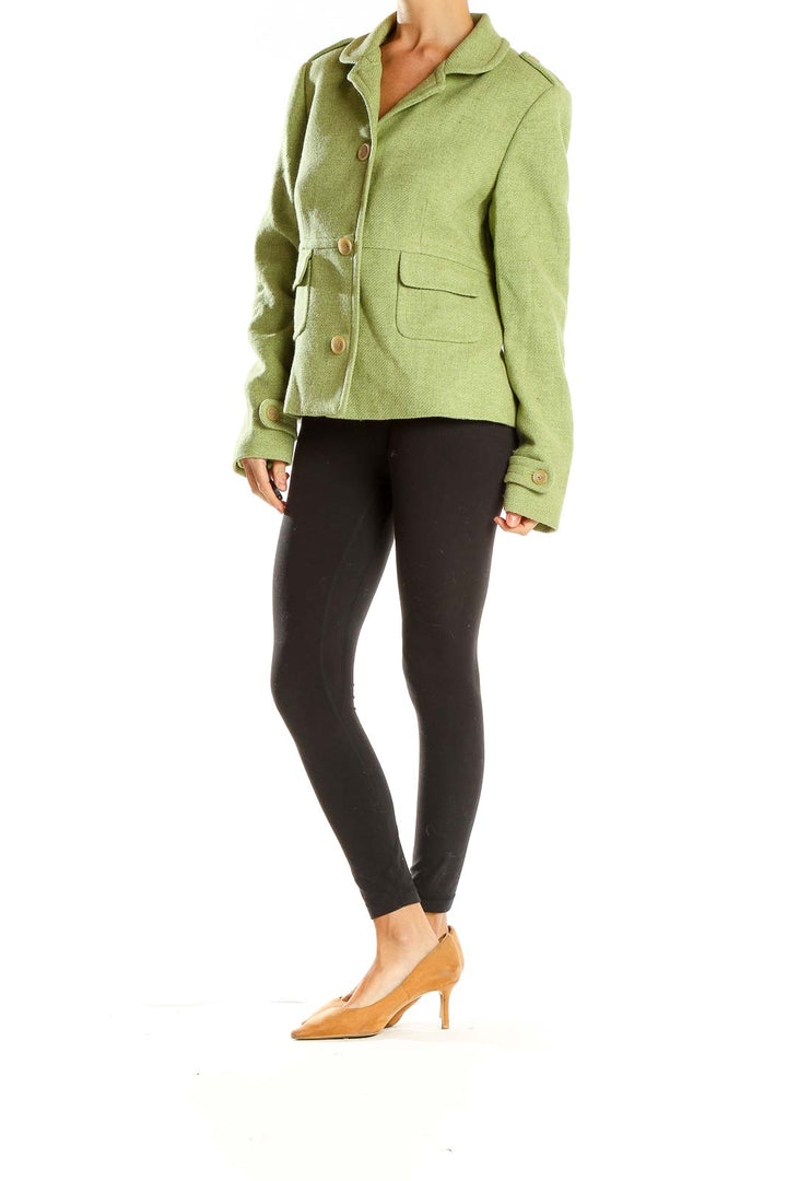Front view of Banana Republic green wool-blend cropped jacket with three-button closure
