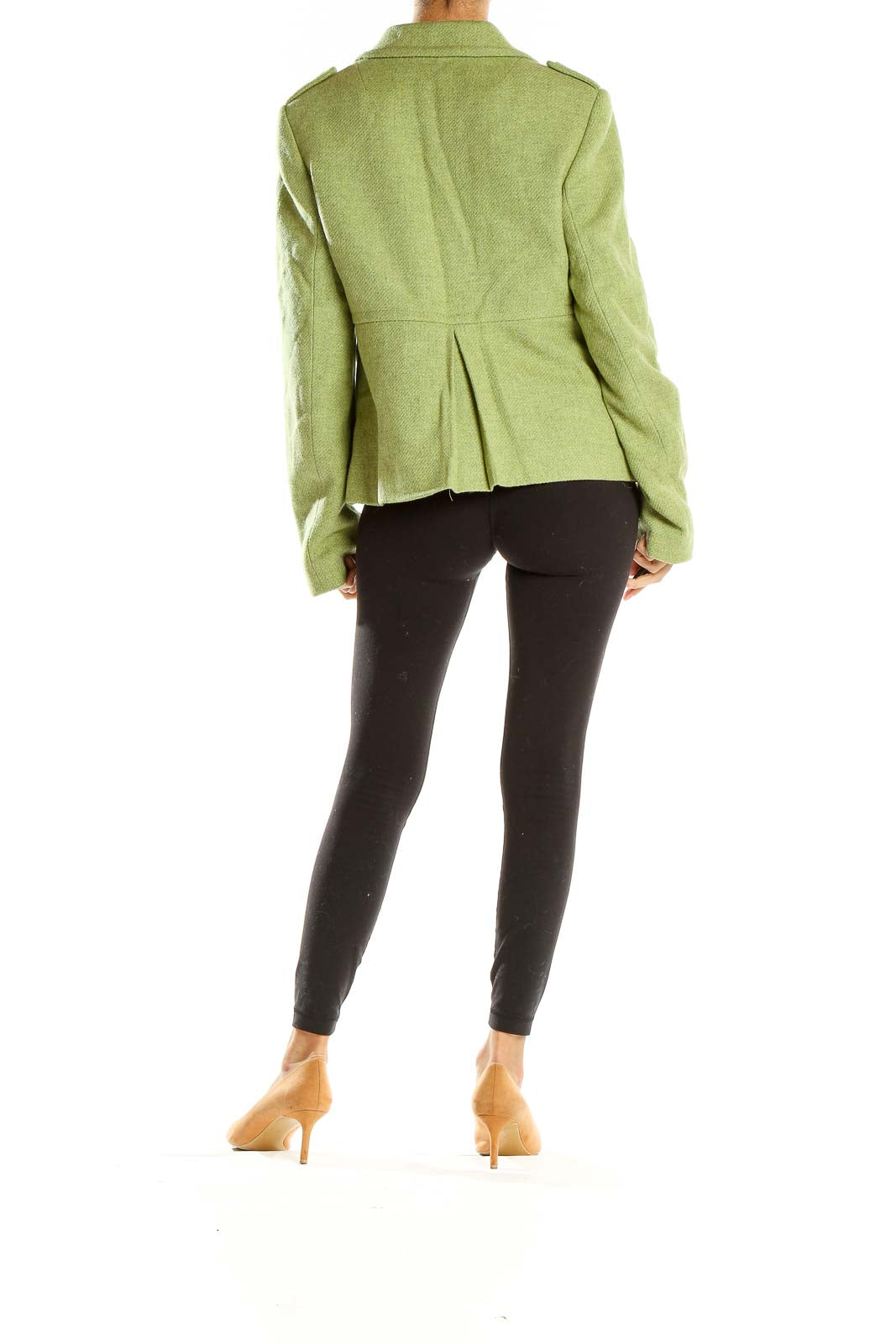 Back view of Banana Republic green wool-blend cropped jacket showing fitted silhouette
