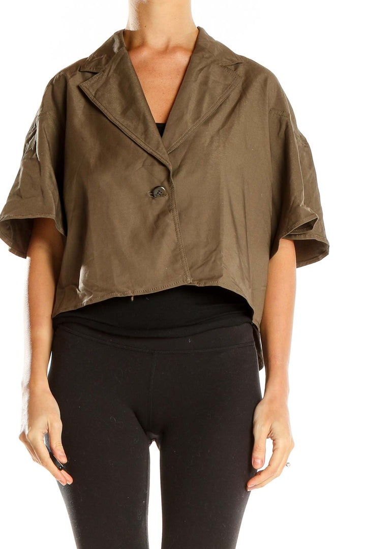 Front view of Simply Vera Vera Wang olive cropped jacket with wide sleeves